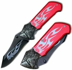 Knife Depot Custom Tribal Folding Knife - Tactical Steel Handle, Red Wolf