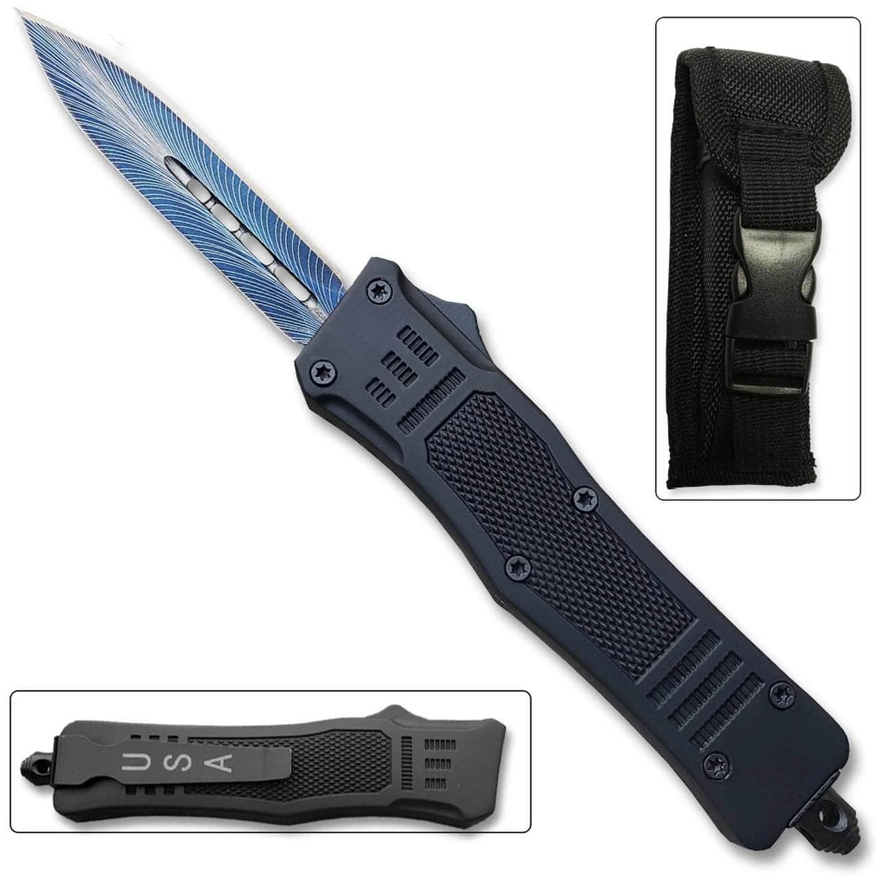 Knife Depot Delta Lightening Blue OTF Out The Front Automatic Double Edge Spear Point Knife