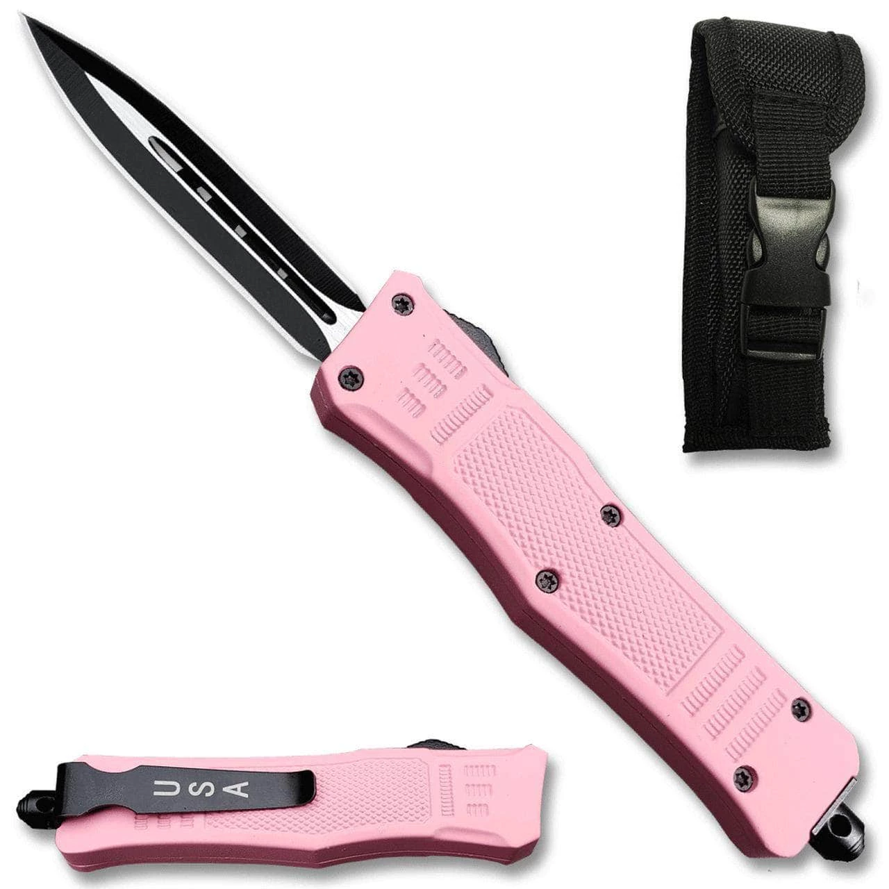 Knife Depot Pink Legacy Edge OTF Knife Spear Point, Double Edged Blade